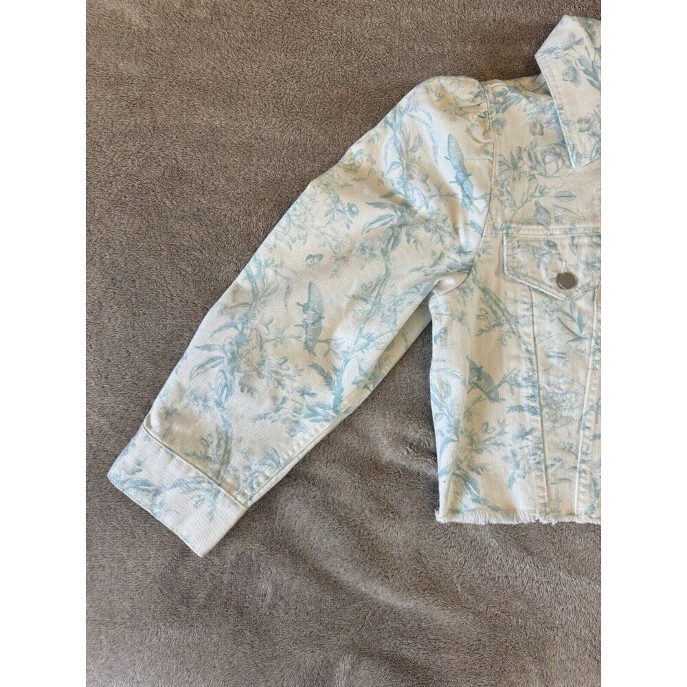 ELIE TAHARI Floral Denim Jacket Cropped Raw Hem White Blue Size M Cotton - Picture 6 of 16